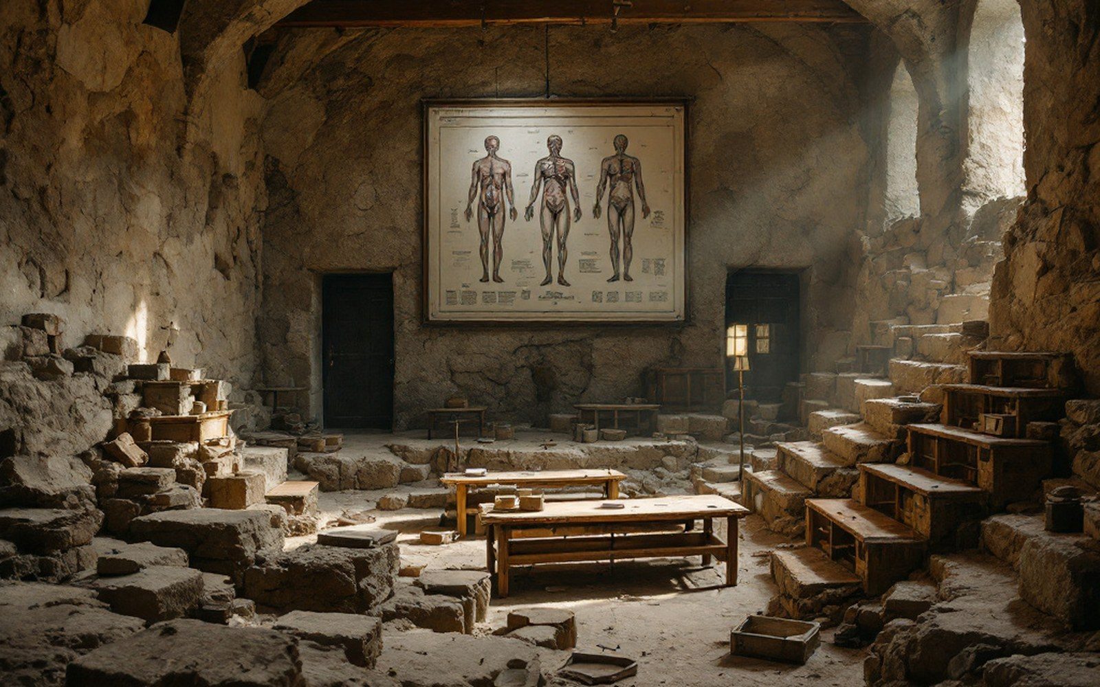 A nineteenth-century lecture room with tiered benches and an anatomical chart