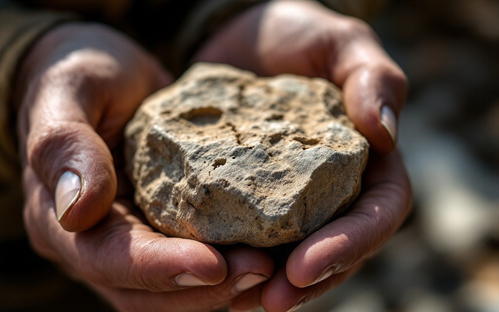 A knapped flint core held in an adult hand, showing removal scars