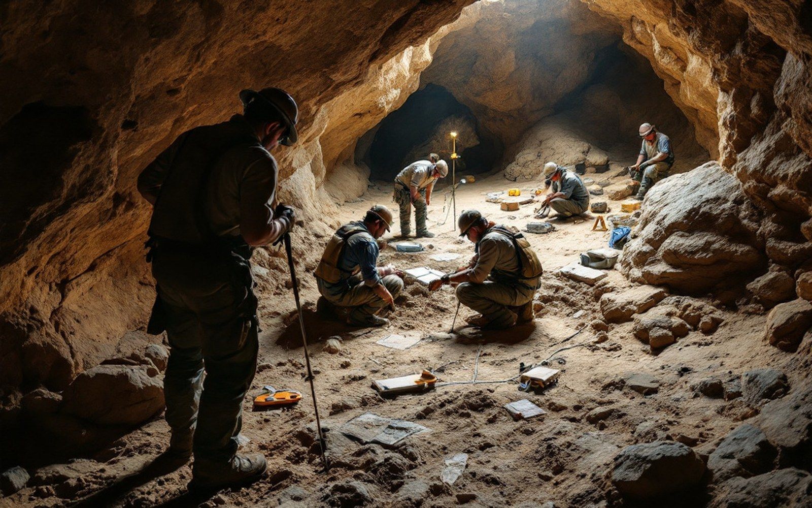 A cave interior with survey markers and a grid laid over the floor deposits